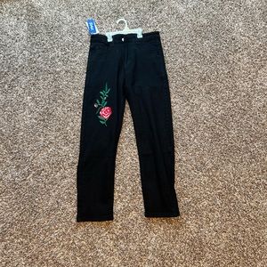 Black Jeans With Red Rose Stitch